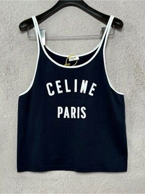 Celine Navy Tank Top with White Trim and CELINE PARIS Logo